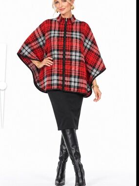 Allison Daley Red Black Plaid Old Money Zip Front Cape L/XL NWT
